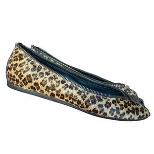 Donald J Pliner Calfskin Leopard Print Peep Toe Zipper Trim Flats size 8.5